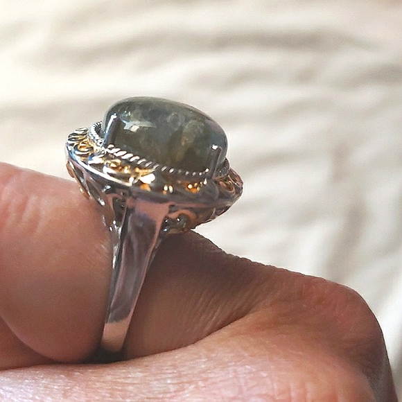 BIG LABADORITE STERLING OVER STAINLESS STEEL WITH GOLD Overlay SZ 8 RING Bird - Picture 7 of 9